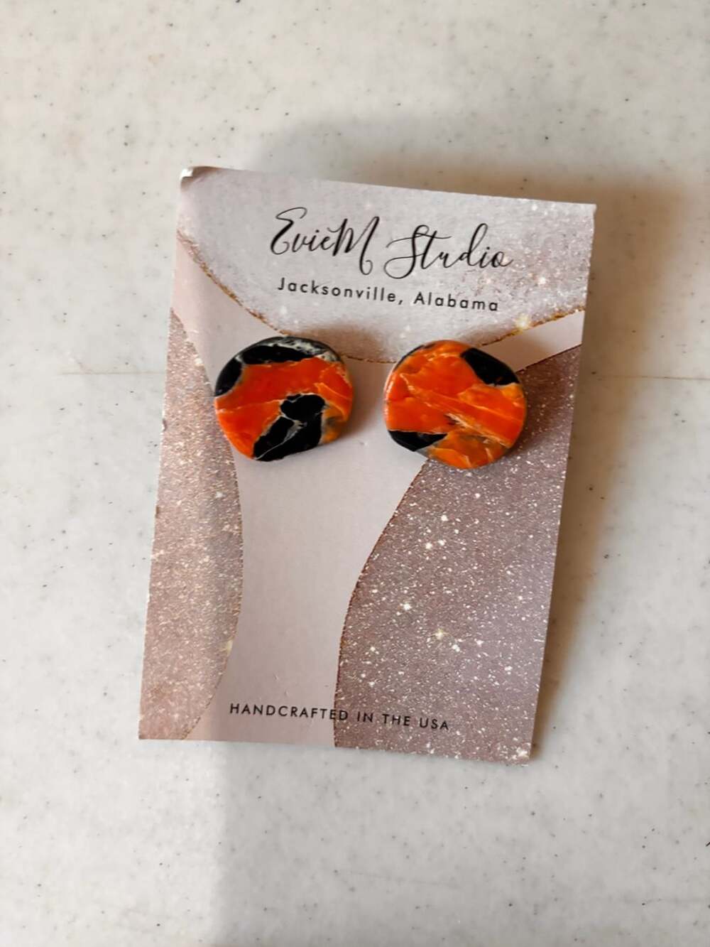 EvieM Studio Handcrafted Polymer Clay Marble Stud Earrings Orange and Black